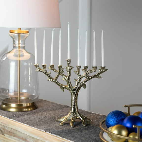 Northlight Tree Trunk-Shaped Brass Hanukkah Menorah - 11.5" - Gold Finish