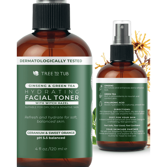Tree To Tub Hydrating Facial Toner Spray for Dry & Sensitive Skin - Alcohol Free Witch Hazel & Rose Water Face Toner for Women & Men w/Hyaluronic Acid