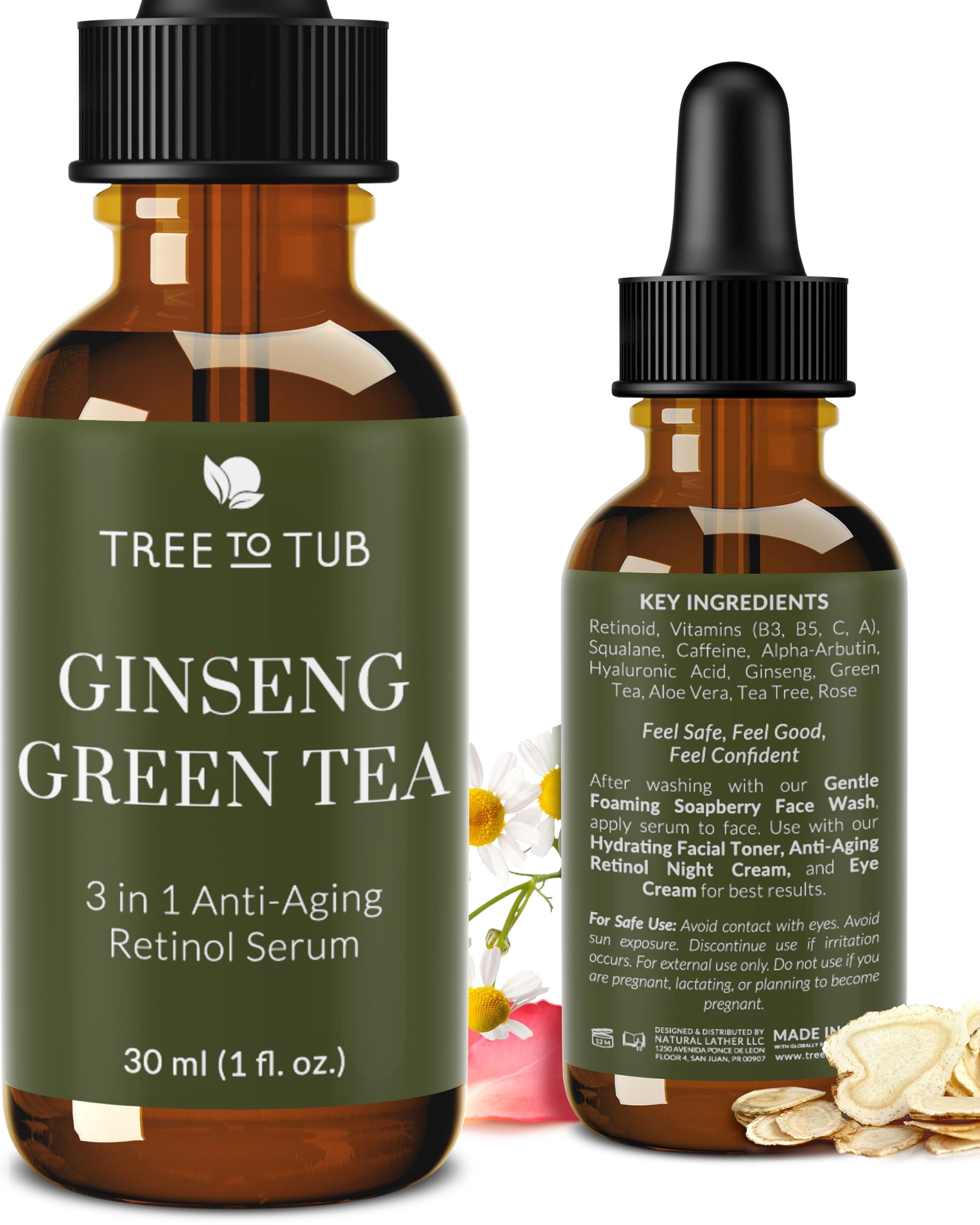 Tree To Tub Retinol, Vitamin C, Hyaluronic Acid Serum for Face & Wrinkles - Hydrating Facial Serum for Dry & Sensitive Skin, Night Serum for Women & Men