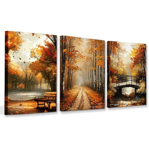 Tree Wall Art Canvas Prints Living Room Fall Wall Decor,Forest Landscape Framed Poster Painting Golden Yellow Aesthetic Decoration Set of 3 (12"x16")