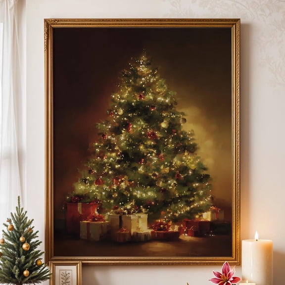 Tree Wall Art Poster – Festiveposter, Cozy Home Decor, Winter Wall Art, Glowing Tree Scene, Stretched Canvas Size 8x12