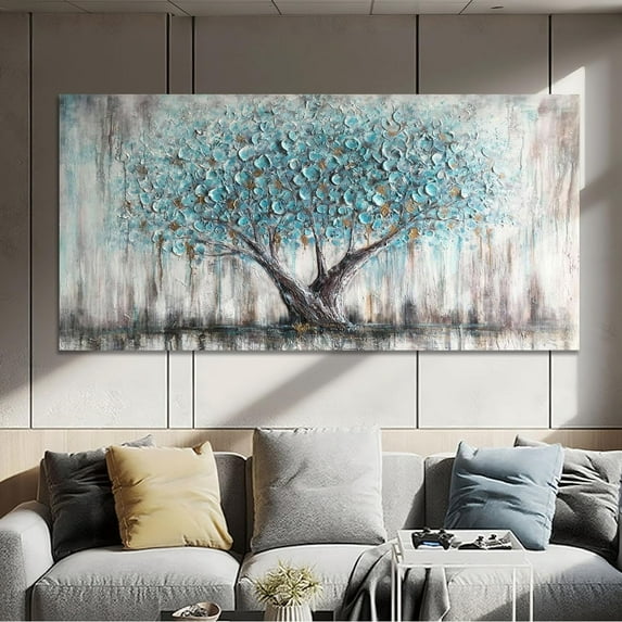 Tree Wall Art Teal Blue Nature Tree of Life Abstract Canvas Painting Textured Picture, Modern Large Panoramic Landscape Artwork Framed for Living Room Bedroom Bathroom Office Home Decor 40x20