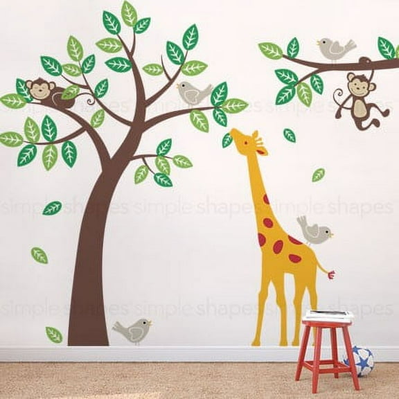 Tree Wall Decal with Monkeys Giraffe and Birds - Scheme C