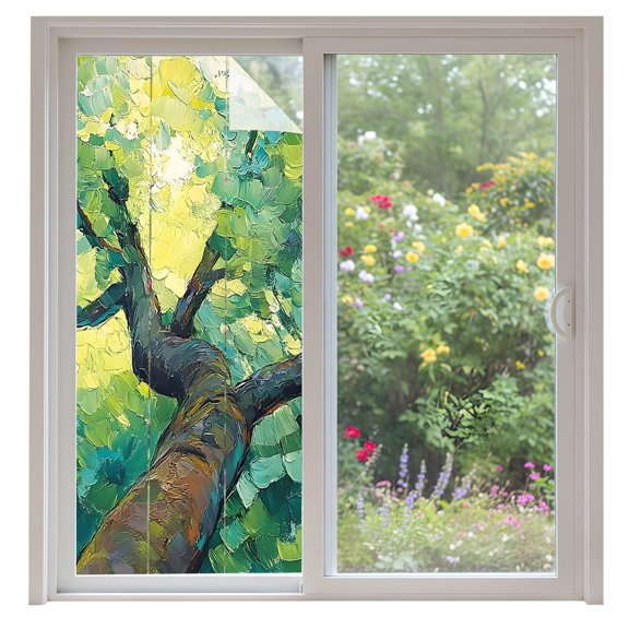 Tree Window Privacy Film Forest Nature Summer Green Leaves Sturdy Trunk Decorative Glass Window Film UV Blocking Static Cling Non-Adhesive Sticker Covering for Home Door 35.4x78.7 inches