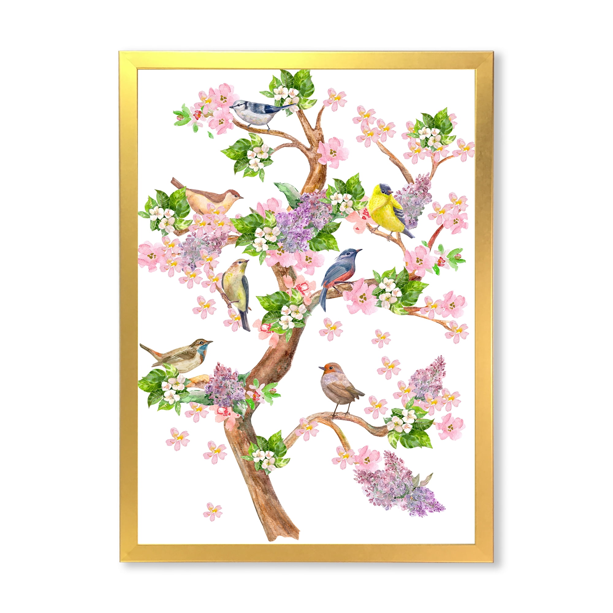 Tree With Colorful Birds Sitting On Flowering Branches 12 in x 20 in Framed Painting Canvas Art Print, by Designart