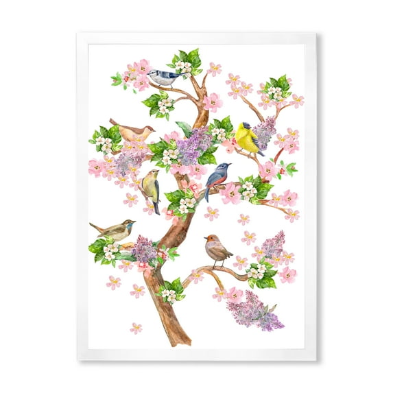 Tree With Colorful Birds Sitting On Flowering Branches 16 in x 32 in Framed Painting Canvas Art Print, by Designart