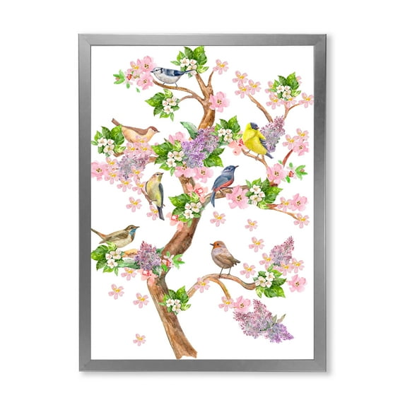 Tree With Colorful Birds Sitting On Flowering Branches 24 in x 32 in Framed Painting Canvas Art Print, by Designart