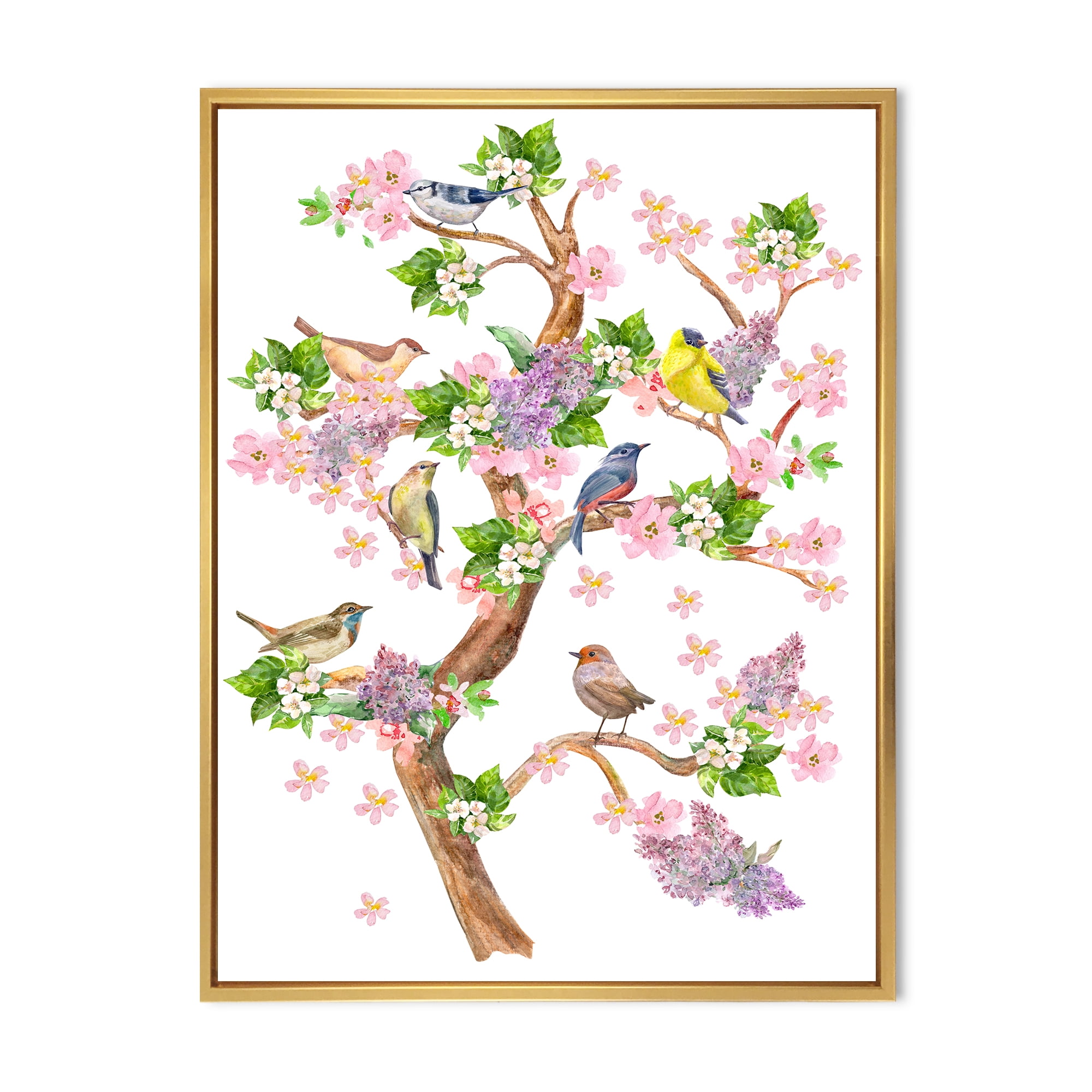 Tree With Colorful Birds Sitting On Flowering Branches 24 in x 32 in Framed Painting Canvas Art Print, by Designart