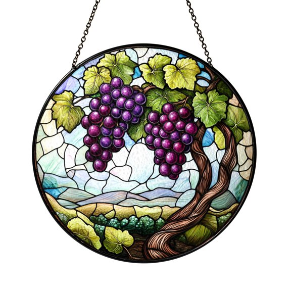 Tree With Grapevine Branches Stained Glass Style Window Hanging Suncatcher, Rustic Botanical Decor Gift