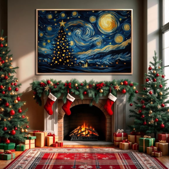 Tree With Star Winter Starry Night Wall Art Swirling Sky Decor Village Ready To Hang Unframed Paper Print