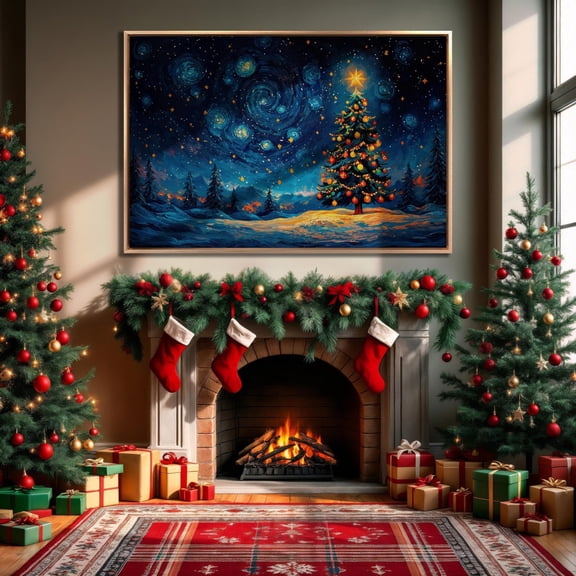 Tree With Star Winter Starry Night Wall Art Swirling Sky Fantasy Decor Ready To Hang Unframed Paper Print