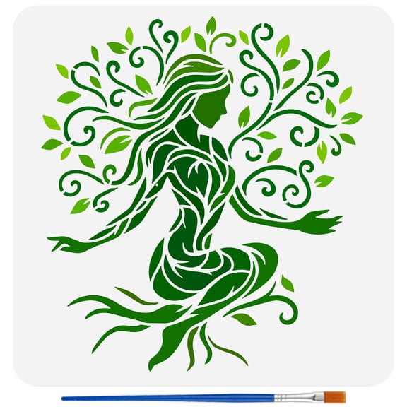Tree Woman Stencil with 1Pc Plastic Brush 11.8x11.8 inch Life Trees Pattern Drawing Stencil Female Life Tree Template Human Theme Template