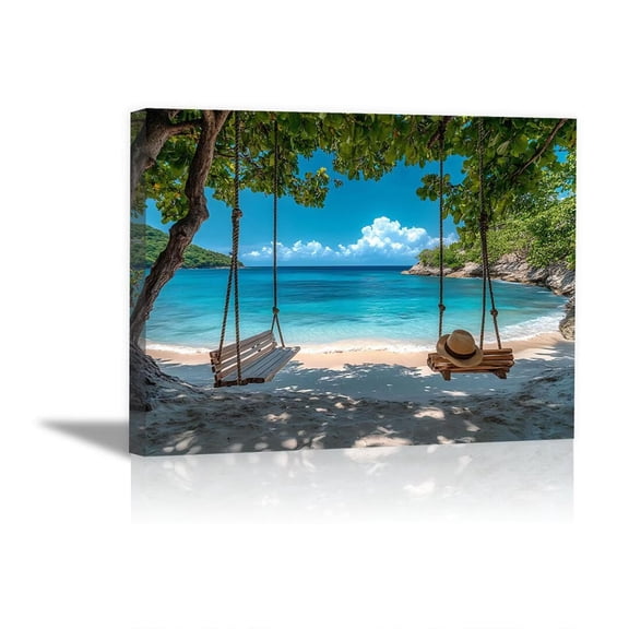 Tree Wooden Swing Tropical Bay Beach Framed Canvas Wall Art for Dorm Bathroom Apartment Decor, Ready to Hang12"L x 8"W