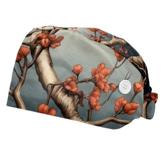 Tree Working Cap with Buttons Adjustable Bouffant Hat Unisex Scrub Cap, 2 Pcs