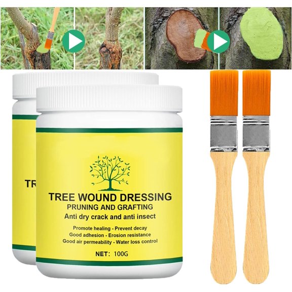 Tree Wound Sealer, Tree Pruning Sealer, Tree Grafting Supplies, Tree Wound Sealer Healing Paste, Bonsai Cut Paste, Pruning Sealer And Tree Wound Dressing for Trees, Shrubs, Roses (2Pcs*100g +2*Brush)