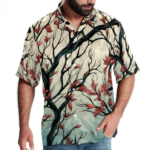 Tree and Flower Men Hawaiian Button Down Shirts Short Sleeve Beach ...