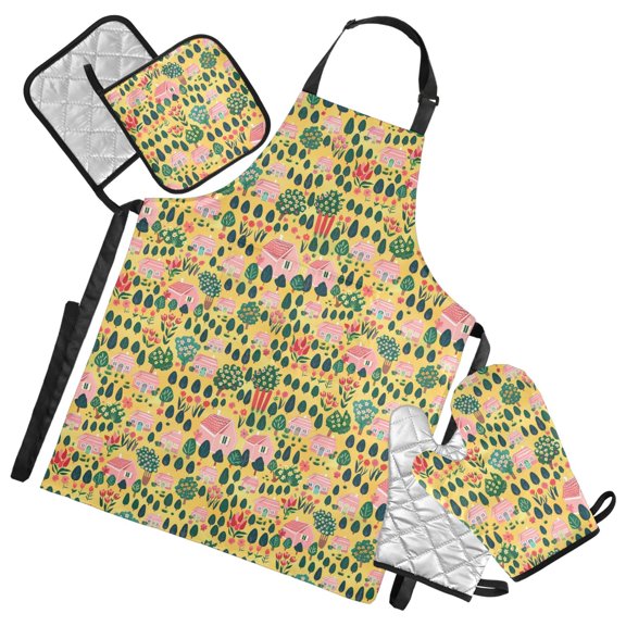 Tree and House 5 Pcs Kitchen Set Heat Resistant Oven Mitts and Non-Slip Pot Holders with Adjustable Cooking Apron