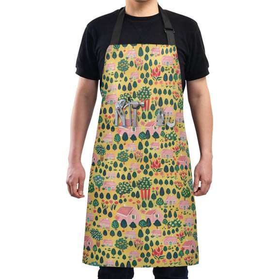 Tree and House Kitchen Apron with 2 Pockets Adjustable waterproof Cooking Aprons for Women Men Chef