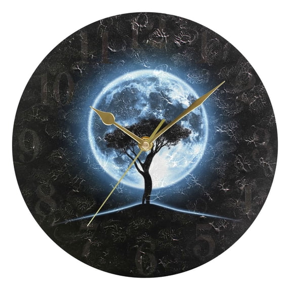 Tree and Moon Round Wall Clock Battery Operated Silent Non-Ticking Bedroom Office Kitchen Home School Decor 10"(Gold)