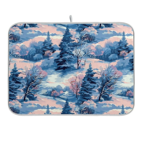 Tree in Snow Dish Drying Mat 16x18 Absorbent Microfiber Draining Rack Pad for Kitchen Counter Sink