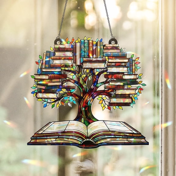 Tree of Knowledge Book Acrylic Suncatcher Holographic Rainbow Prism Window Hanging