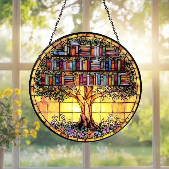 Tree of Knowledge Glass Suncatcher, Flowers Book Window Hanging, Librarian Literary, 3.5 in