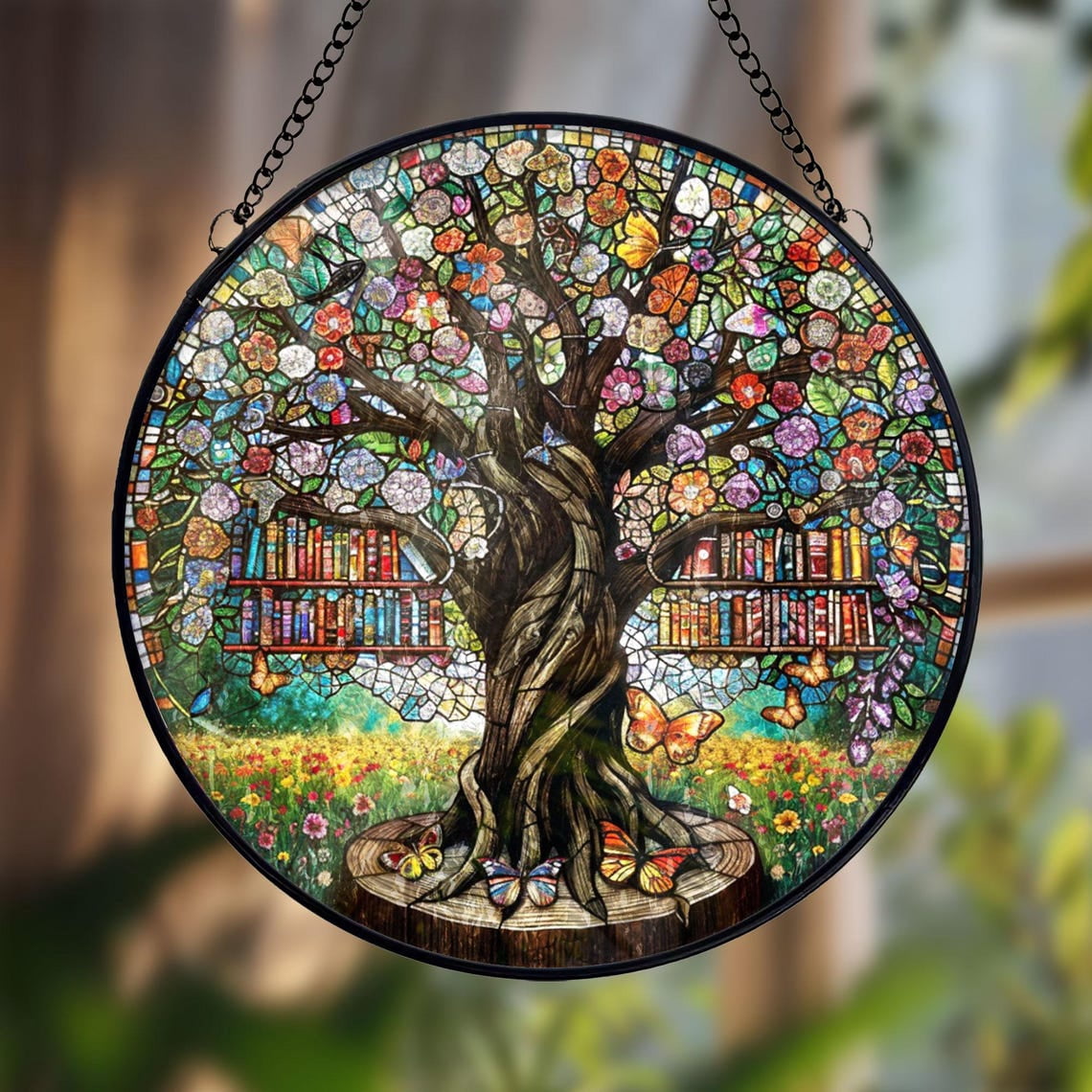 Tree of Knowledge Glass Suncatcher v2, Colorful Library Window Art ...