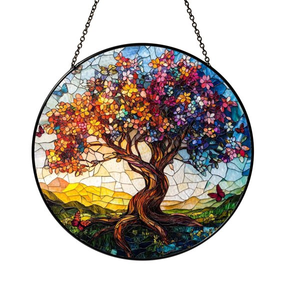 Tree of Knowledge Library Scene Stained Glass Style Window Hanging Suncatcher, Colorful Book Lover Home Decor Gift