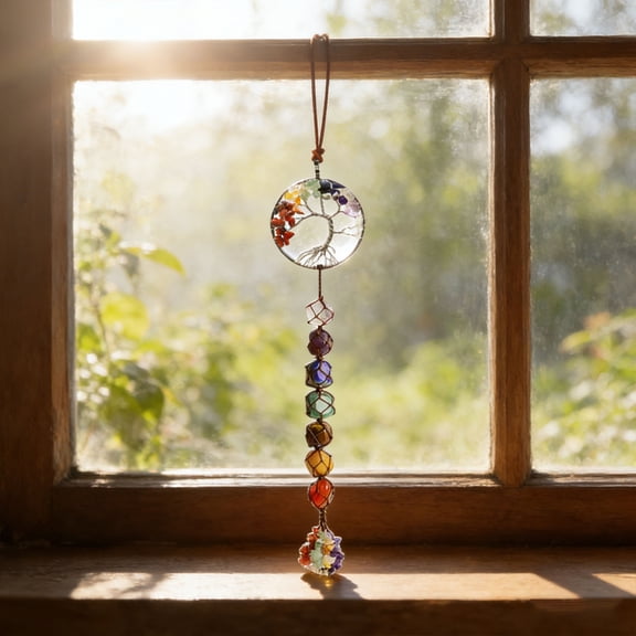 Tree of Life 7 Chakra Healing Crystals Ornament, Feng Shui Dream Catcher Hanging for Home, Yoga, Meditation, Car and Office Decor