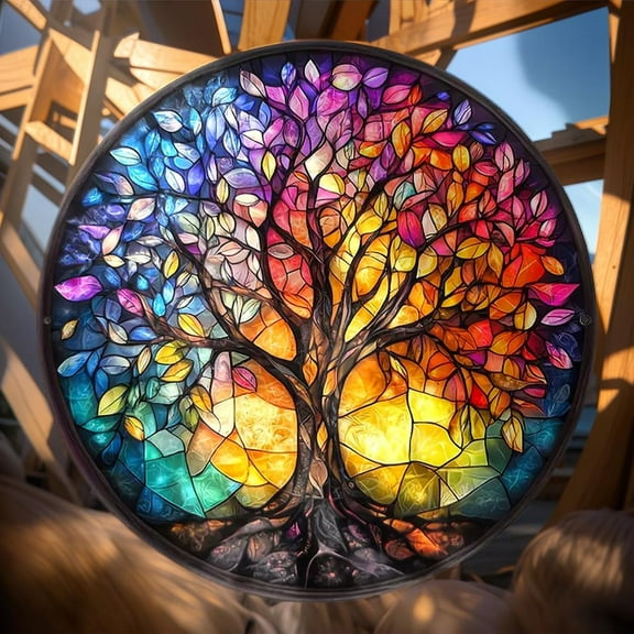 Tree of Life ACRYLIC Faux Stained Glass Suncatcher Round Window Hanging with Rainbow Leaves, Vibrant Spiritual Decor Gift