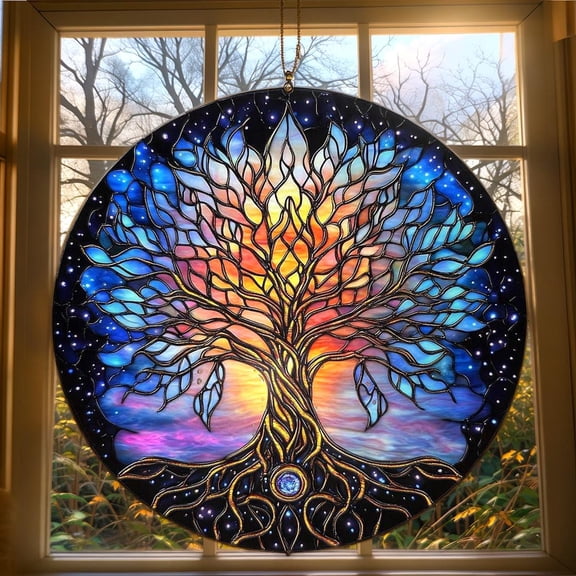 Tree of Life Acrylic Suncatcher  Galaxy Inspired Faux Stained Glass Window Hanging for Spiritual Decor or Cosmic Nature Gift