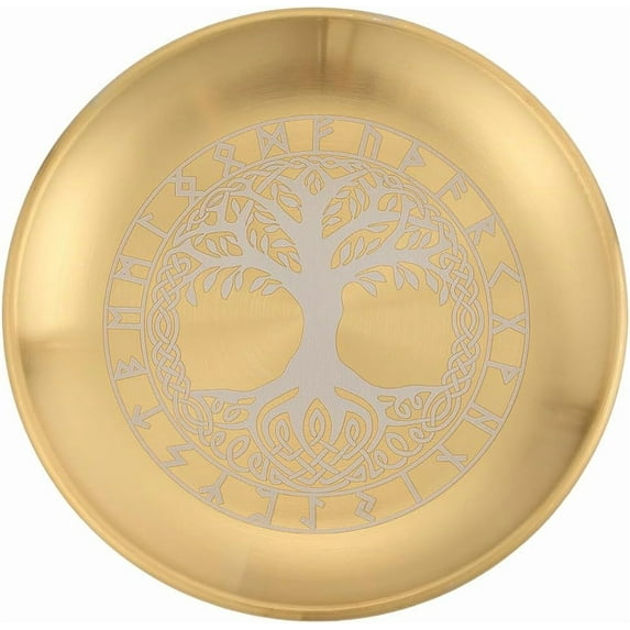 Tree of Life Altar Ritual Plate Dish Stainless Steel Flat Bowl Round Golden Tray Prayer Offering Bowl Dish Candle Holder