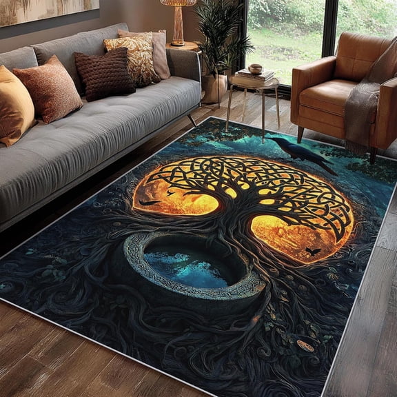 Tree of Life Area Rugs, Viking Celtic Crow Pattern Carpet, Washable Non Slip Low Pile Soft Rug for Living Room Bedroom Decor Mat 2x3ft