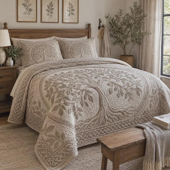 Tree of Life Bedspread Quilted 3-Piece Bedding Set, Boho Botanical Bedding