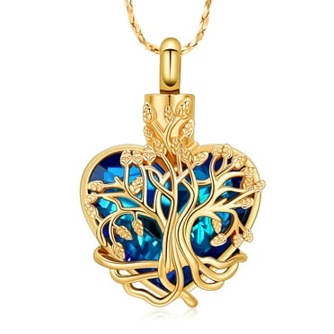 Tree of Life Blue Crystal Heart Urn Pendant Necklace for Cremation Ashes Urn Necklace Lockets for Ashes Holder Memorial Jewelry