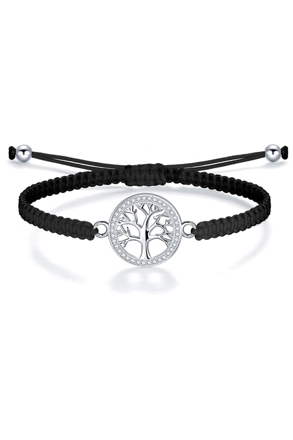 Tree of Life Bracelet for Women, Black Rope Bracelet 925 Silver Handmade Braided Adjustable Bracelet Love Friendship Christmas Bracelet Gifts