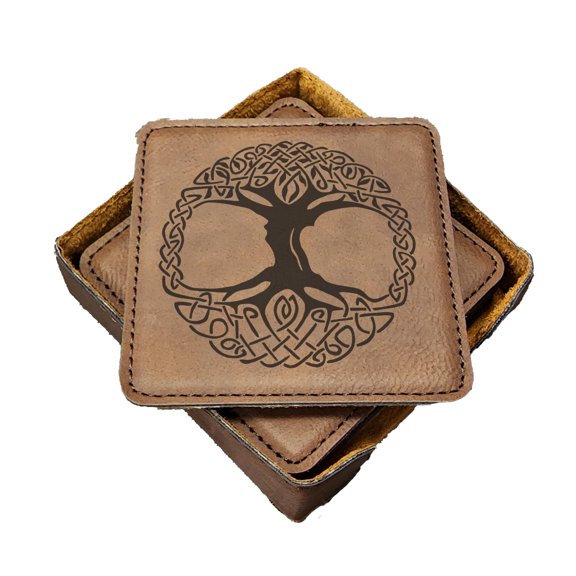 Tree of Life Celtic - Handmade Coasters Set of 6 - Engraved Barware Decorations - Leather Bar Decor - Man Cave Father's Day Present