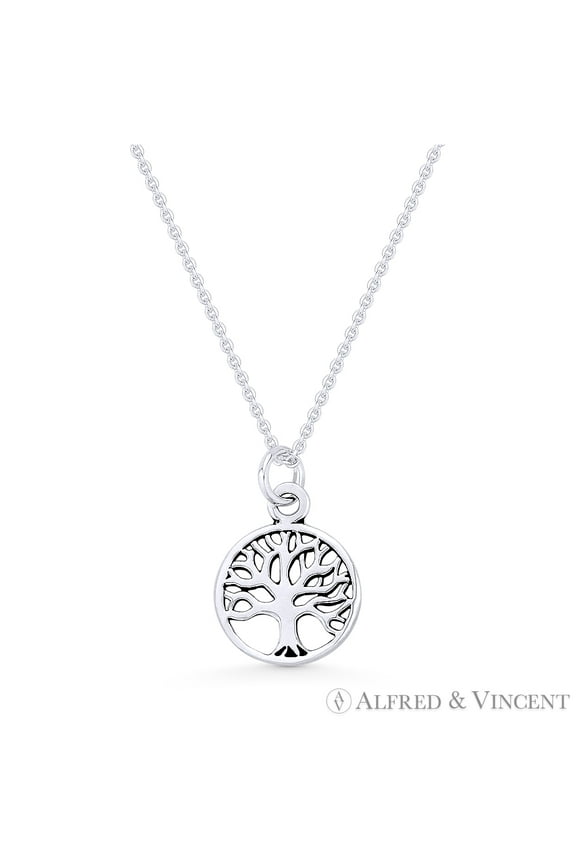 Tree-of-Life Charm Circle Pendant & Chain Necklace in .925 Sterling Silver