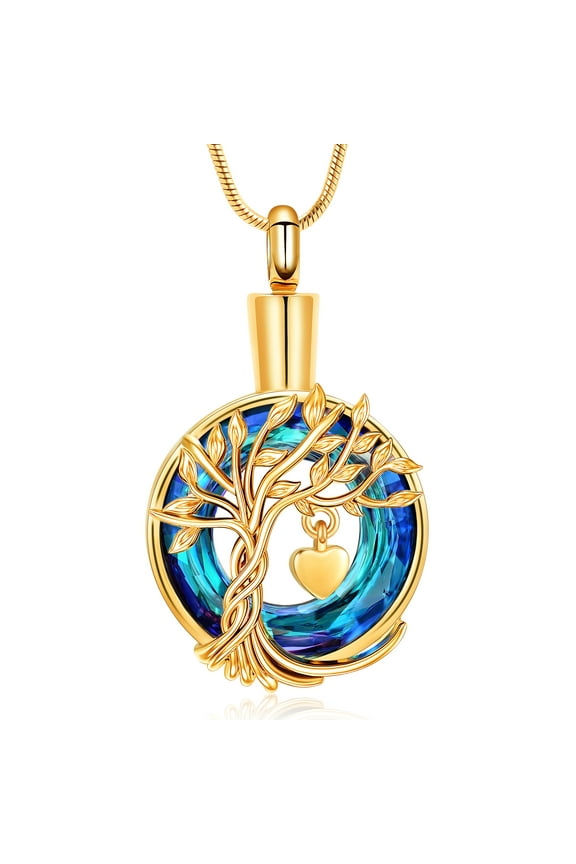 Tree of Life Cremation Jewelry for Ashes Crystal Circle Urn Necklace for Women Small Heart Keepsake Ashes Pendant Memorial Lockets