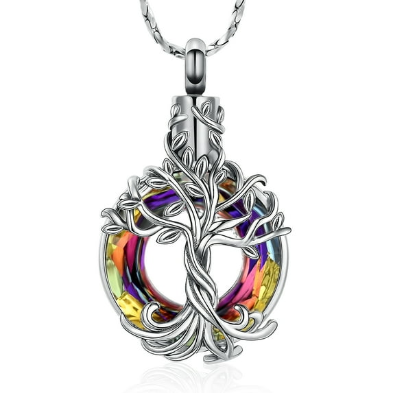Tree of Life Cremation Urn Ashes Necklace for Women Men Circle of Life Cremation Crystals Ash Pendant Loved One Memorial Jewelry