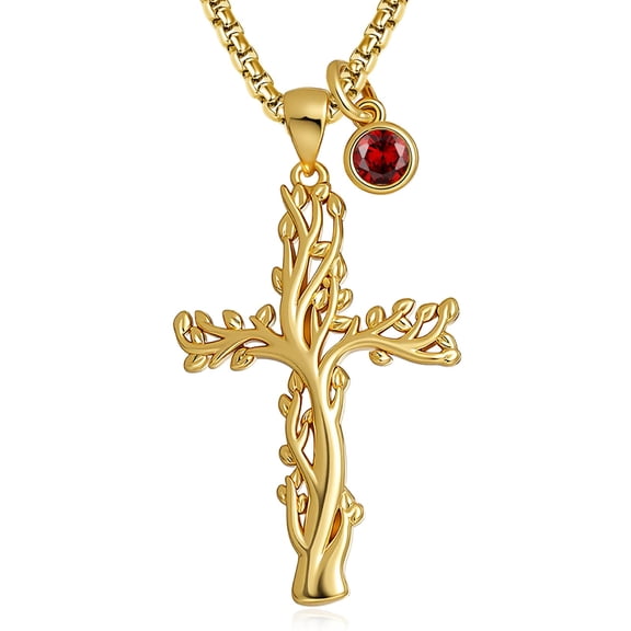 Tree of Life Cross Necklace with Round Birthstone Pendant, Gold Tone