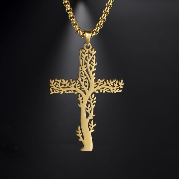 Tree of Life Cross Pendant Necklace for Men Women New Fashion 14k Yellow Gold Chain Necklace Jewelry Party Gift