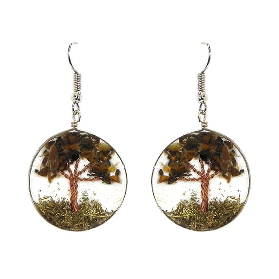 Tree of Life Crushed Chip Stone Inlay Copper Wire Round Clear Acrylic Dangle Earrings - Womens Fashion Handmade Jewelry Boho Accessories