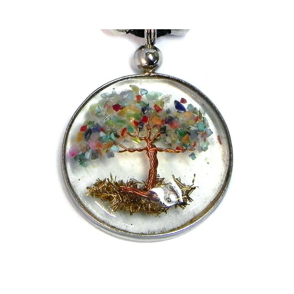 Tree of Life Crushed Chip Stone Inlay Copper Wire Round Clear Acrylic Pendant Adjustable Necklace - Womens Fashion Handmade Jewelry Boho Accessories