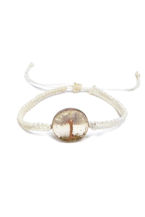 Tree of Life Crushed Chip Stone Inlay Round Clear Acrylic Macramé Braided String Adjustable Pull Tie Bracelet - Handmade Jewelry Boho Accessories
