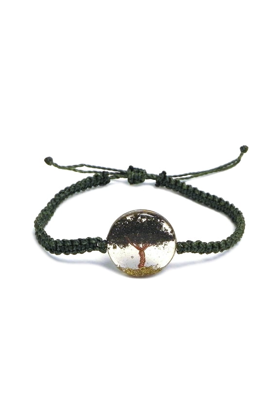 Tree of Life Crushed Chip Stone Inlay Round Clear Acrylic Macramé Braided String Adjustable Pull Tie Bracelet - Handmade Jewelry Boho Accessories
