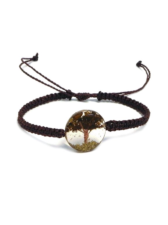 Tree of Life Crushed Chip Stone Inlay Round Clear Acrylic Macramé Braided String Adjustable Pull Tie Bracelet - Handmade Jewelry Boho Accessories
