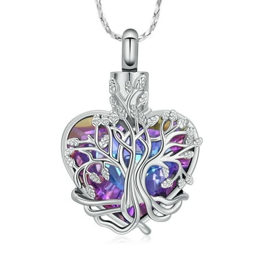 Tree of Life Crystal Heart Urn Pendant Necklace for Cremation Ashes Urn Necklace Lockets for Ashes Holder Memorial Jewelry