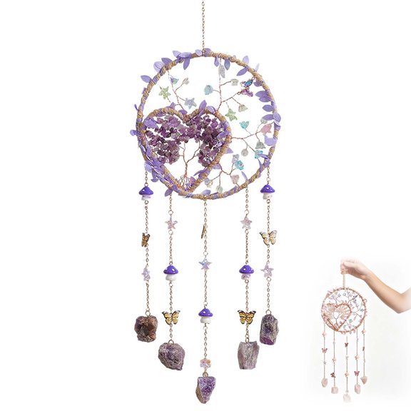 Tree of Life Crystal Wind Chime – Handmade Heart Crystal Sun Catcher & Home Decor, Windows Haning Decor Indoor Outdoor Garden Room Decoration, Purple