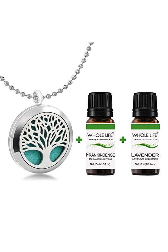 Tree of Life Diffuser Necklace - 24in Ball Chain - 2 Essential Oils (Necklace + Frankincense + Lavender)